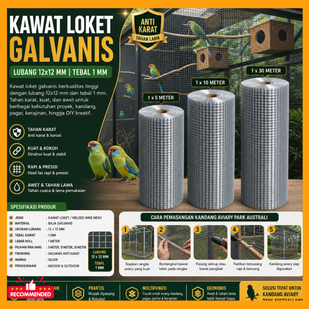 Kawat Ram / Kawat Loket Galvanis 1,2 mm (toleransi 0.2 mm) Lubang 12×12 mm ( per 5 meter, 10 meter, 