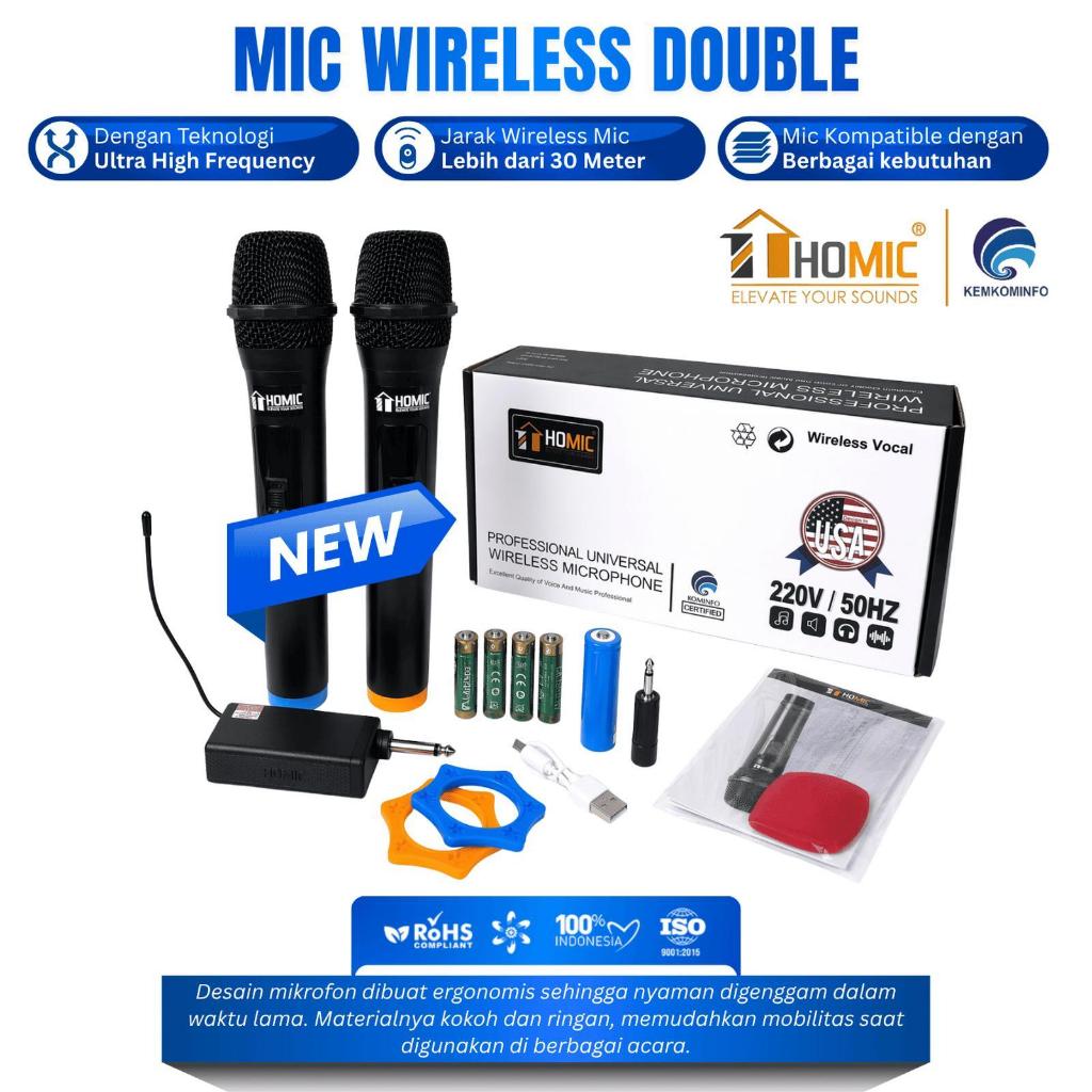 HOMIC Mic Wireless Double Microphone Mic Tanpa Kabel HOMIC 306 Double Mikrofon Genggam Isi Ulang