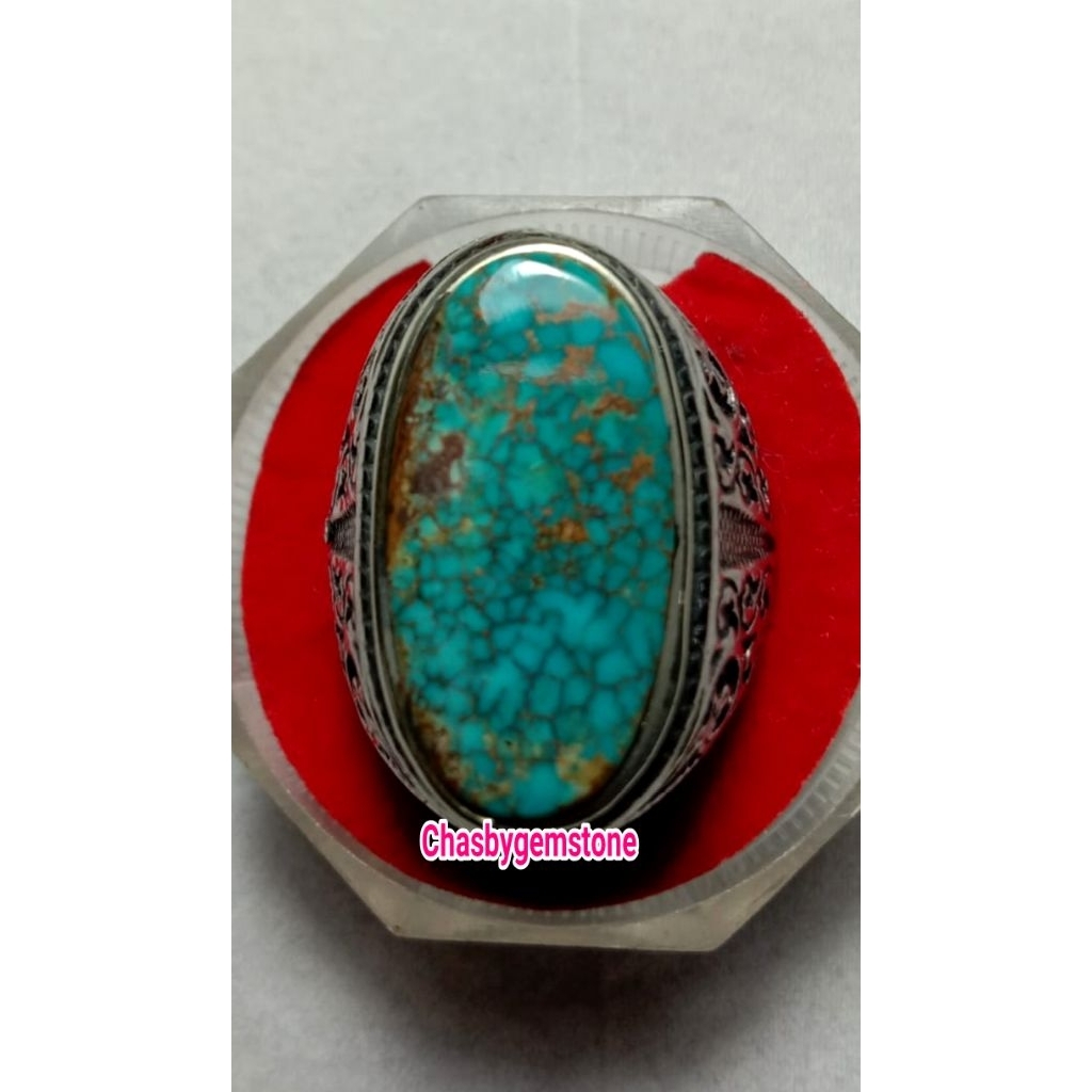 Cincin Batu Pirus Persia serat jala-Pirus Persia urat emas serat jala lawasan