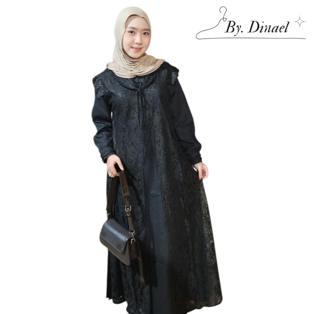 Gamis Brokat Elegan Premium By Dinael – Dress Muslimah Layer Brukat Hitam Mewah Kekinian