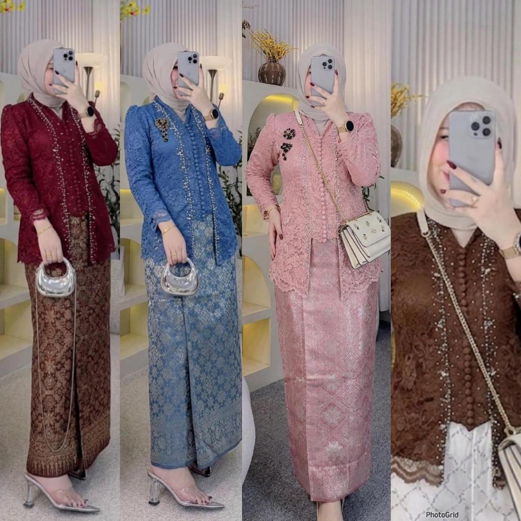 KEBAYA PREMIUM BROKAT MUTIARA DENGAN ROK SONGKET BAJU LAMARAN TUNANGAN PREMIUM CANTIK MEWAH DAN NYAM