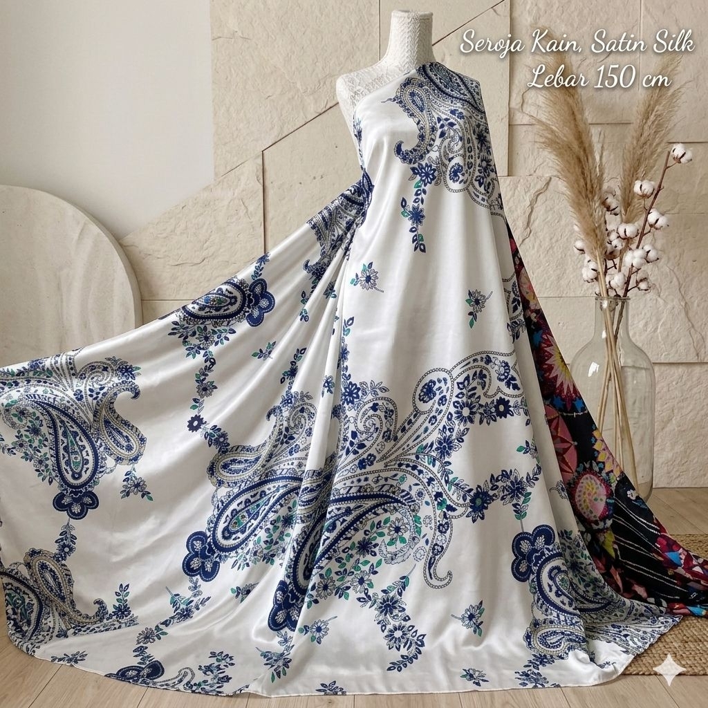 Kain Satin Silk Motif Paisley Navy – Lebar 150cm Kyt