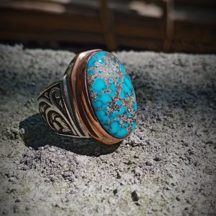 Natural pirus Persia biru fancy ceplok ring koin size 9