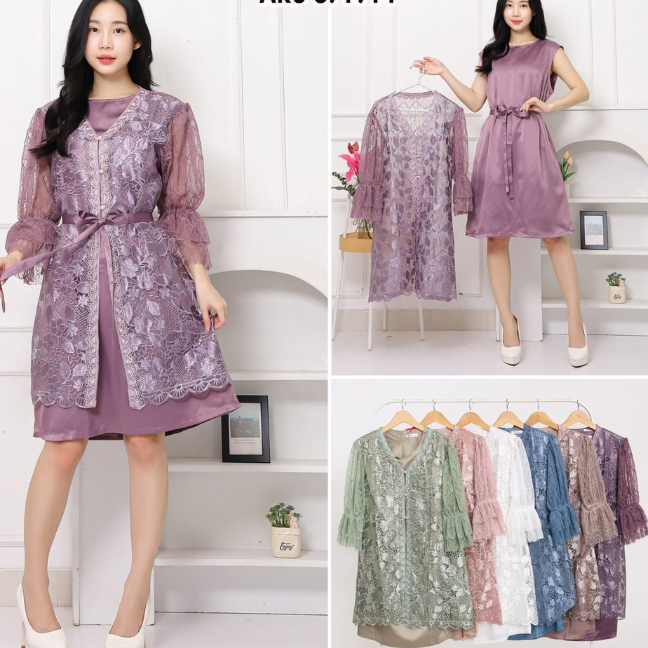 Dress Kondangan Mewah Brokat Tile 2in1 Set Outer Inner Satin | Gamis Pendek Pesta Modern MZ 371914