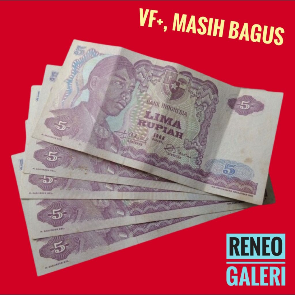 VF+ asli 5 Rupiah Seri Sudirman Tahun 1968 Rp jendral Soedirman Uang kertas kuno duit lama Indonesia