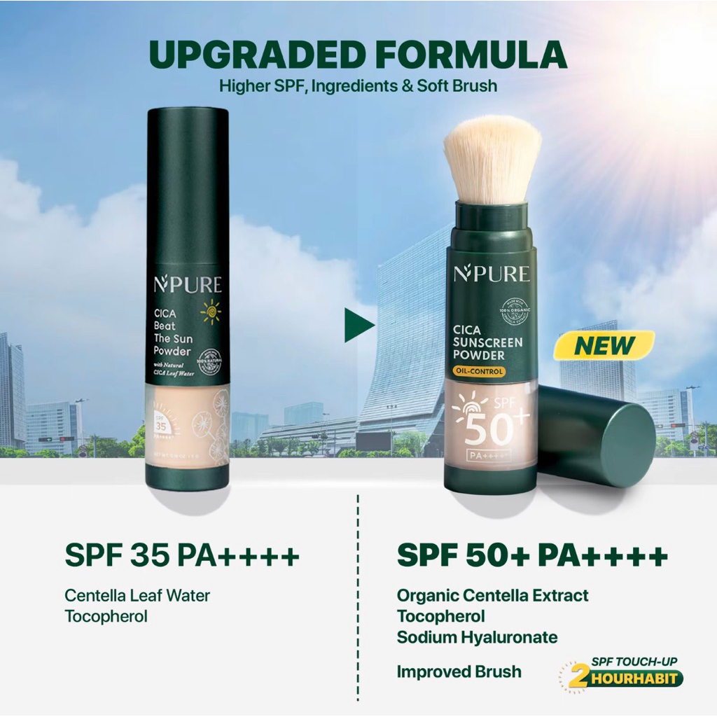 NPURE Sunscreen Powder Cica / Beat the Sun Powder / Sunscreen Bedak & Brush / Bedak Bebas Kilap Miny