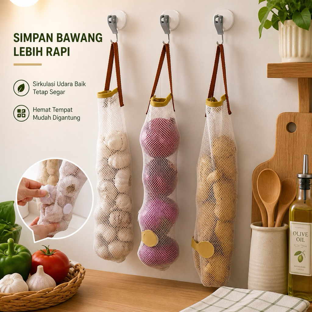 (CLASHOP)Keranjang Bawang Gantung Tempat Bawang Gantung Estetik Tas Jaring Belanja Sayur Buah Multif