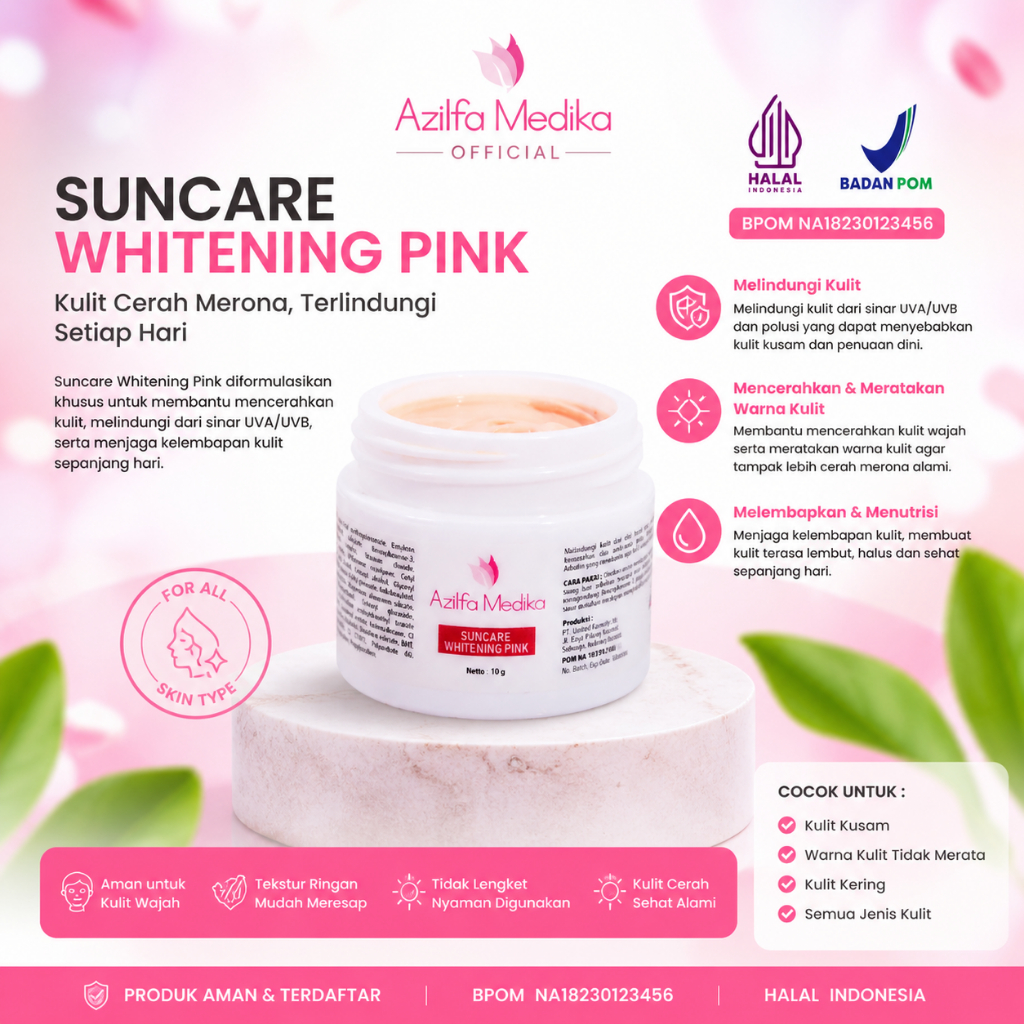 Azilfa Suncare Whitening Pink BPOM Melindungi kulit dari sinar UV, mencerahkan, meratakan warna kuli