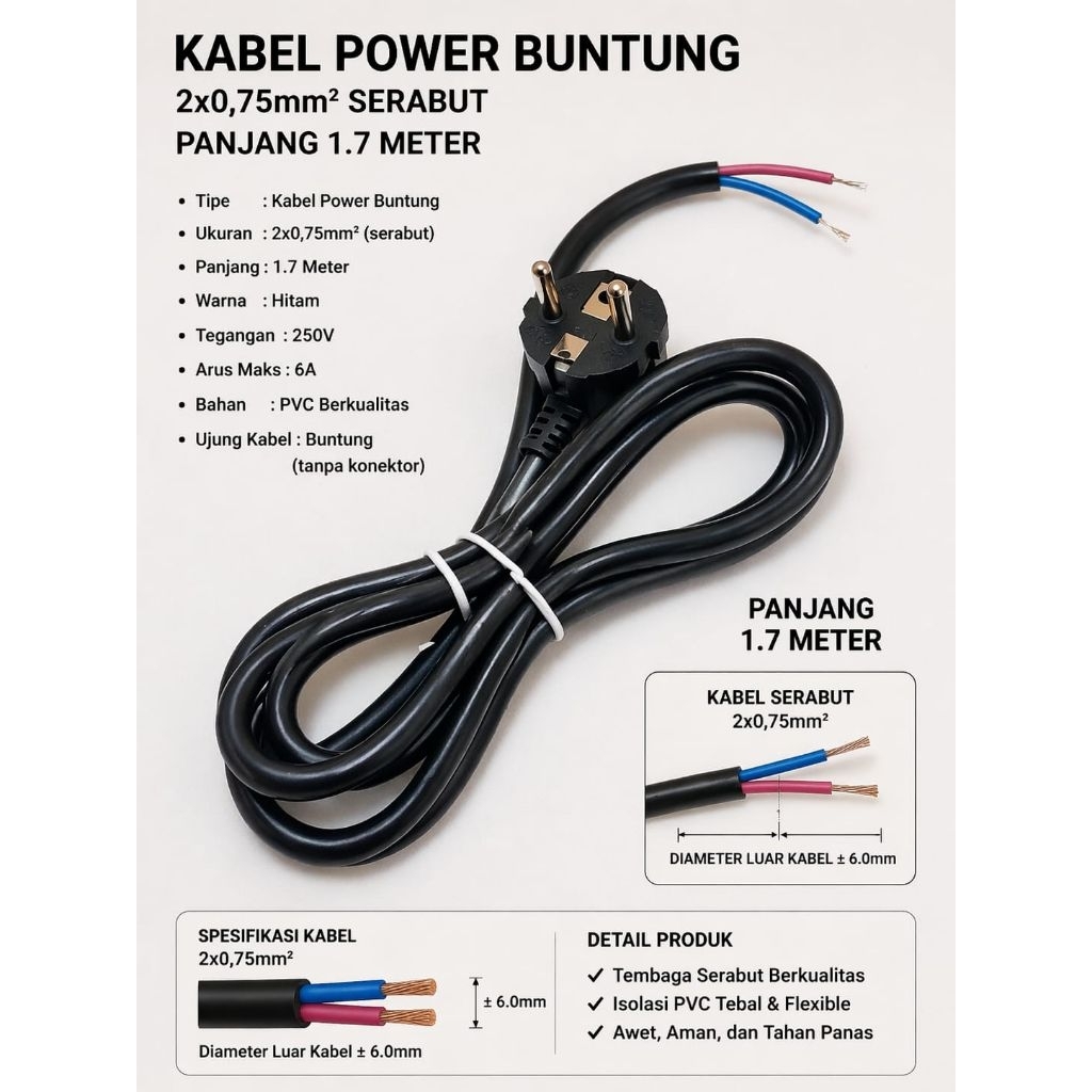 AEBRAND Kabel AC Power Buntung Isi 2 SNI / Kabel Buntung 2X0,75MM SNI
