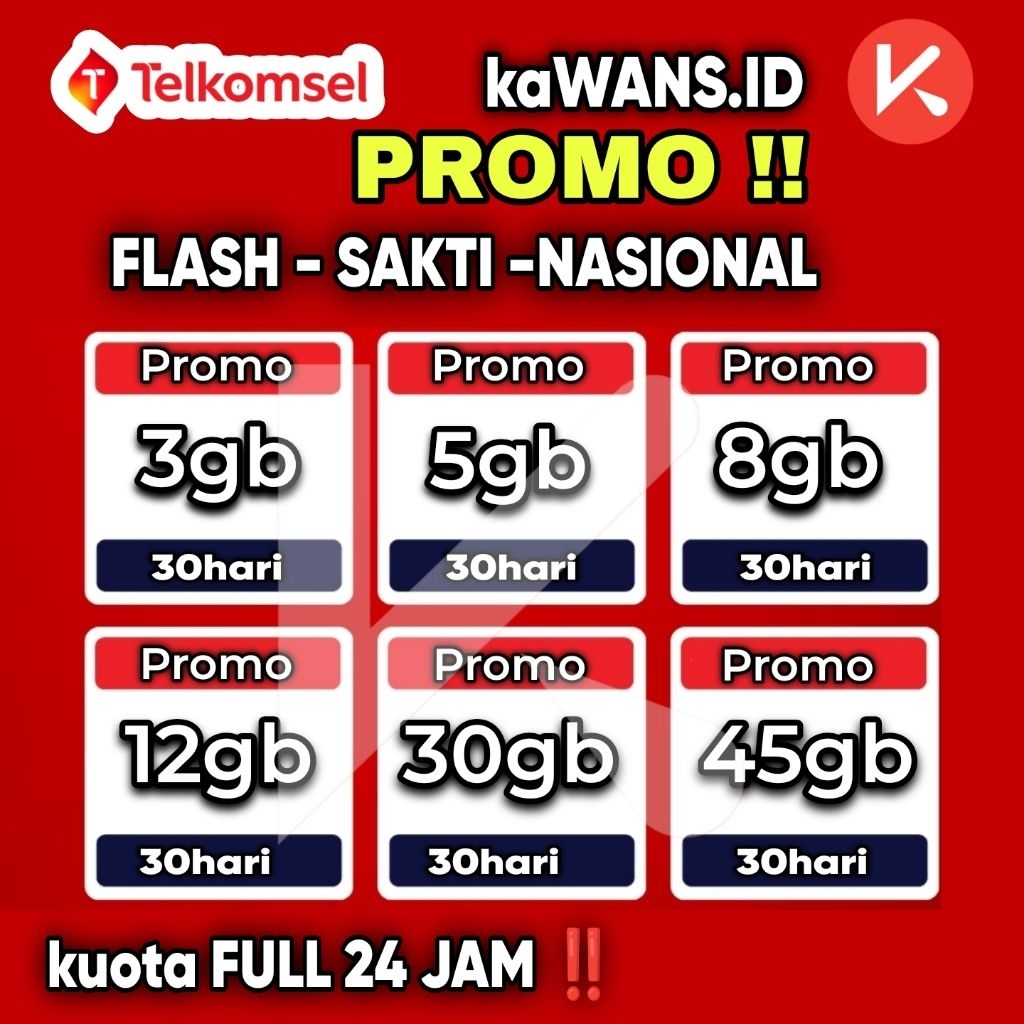 Paket Data Internet Telkomsel Flash Nasional - Kuota Penuh, Semua Jaringan, 30 Hari