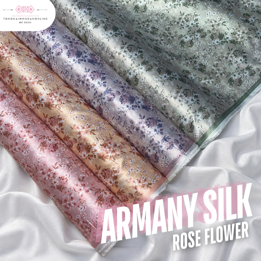 Kain SATIN ARMANY BROWN PRINT Motif MAWAR ROSE Super Silk Premium  Satin ARMANI 100% Super Silk Orig