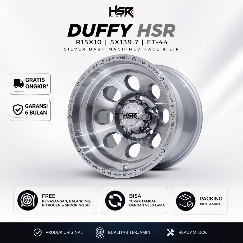 VELG MOBIL JEEP JIMNY FEROZA RING15 WARNA SILVER VELG HSR DUFFY R15 LEBAR 10 LUBANG5X139,7 ET-44