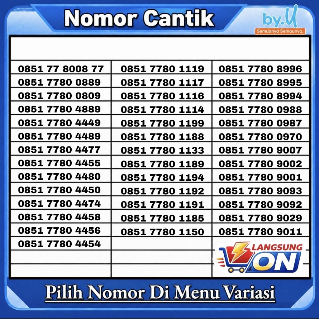 Kartu Perdana Nomor Cantik By.U pilih Nomor Di Variasi
