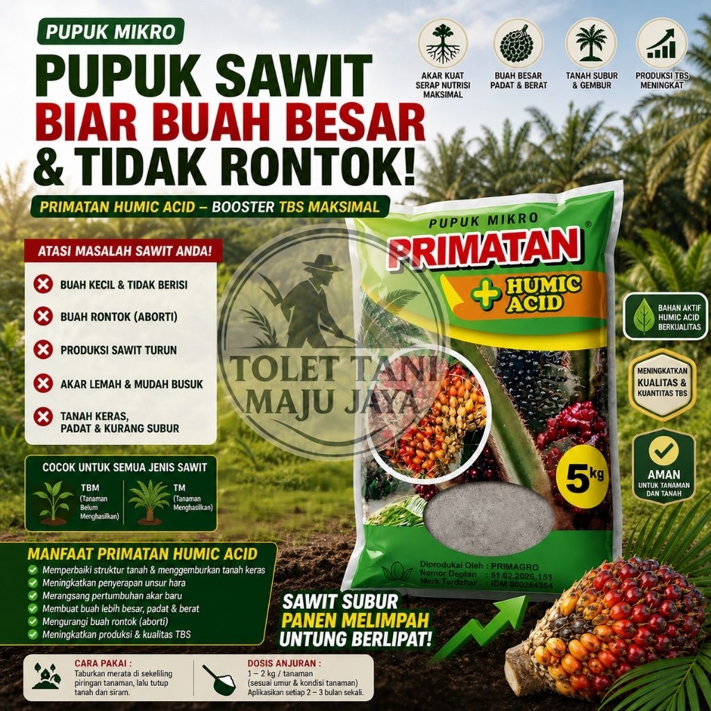 Pupuk Sawit Biar Buah Besar & Tidak Rontok – PRIMATAN Humic Acid 5kg | Atasi Tanah Keras, Akar Lemah