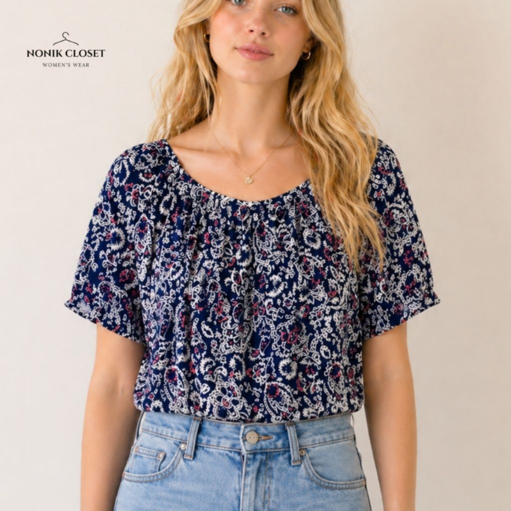 PL Blouse Floral Navy Wanita - Atasan Motif Bunga Puff Sleeve Abercrombie & fitch Preloved