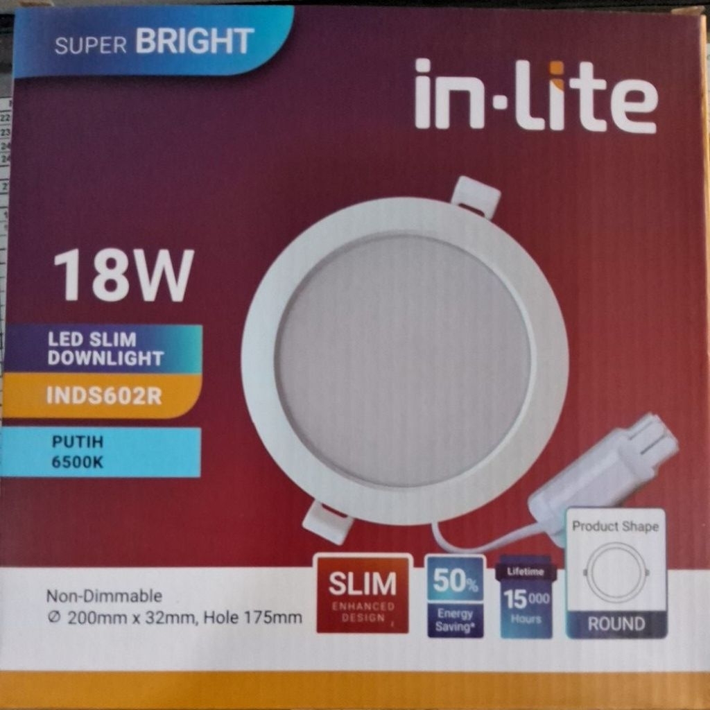 Downlight slim inlite down light tanam in lite 18watt cahaya putih IN-LITE