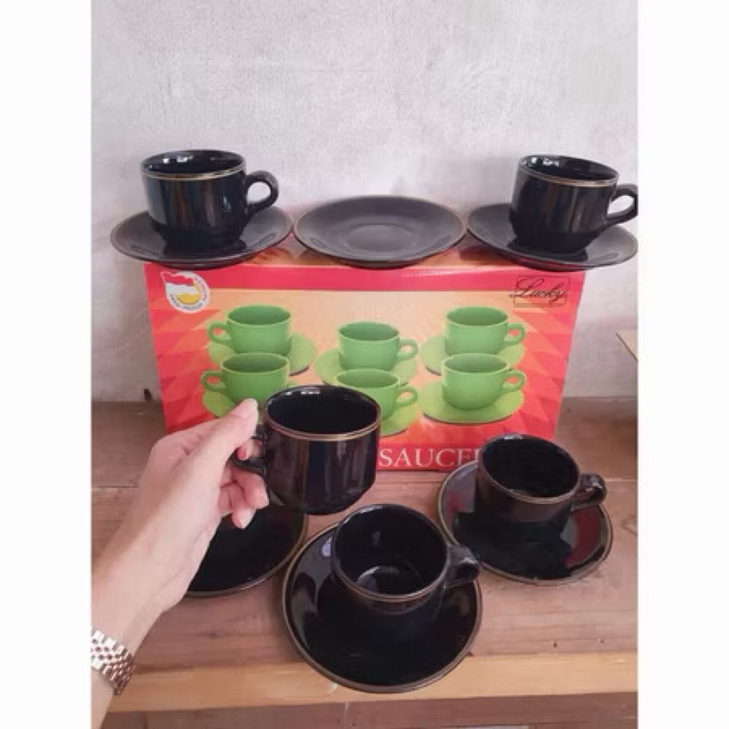 CANGKIR KERAMIK SET HITAM LIST GOLD