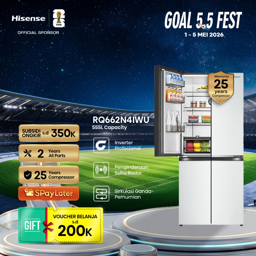 Hisense Kulkas RQ662N4IWU Refrigerator 4 Pintu Kapasitas 555L Warna Putih Inverter Pro 360 Derajat M