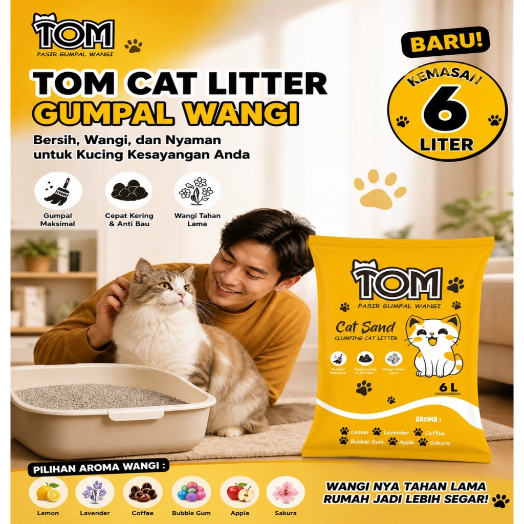 12/6 LITER - PASIR KUCING GUMPAL WANGI TOM CAT LITTER - DAYA SERAP TINGGI, MINIM DEBU