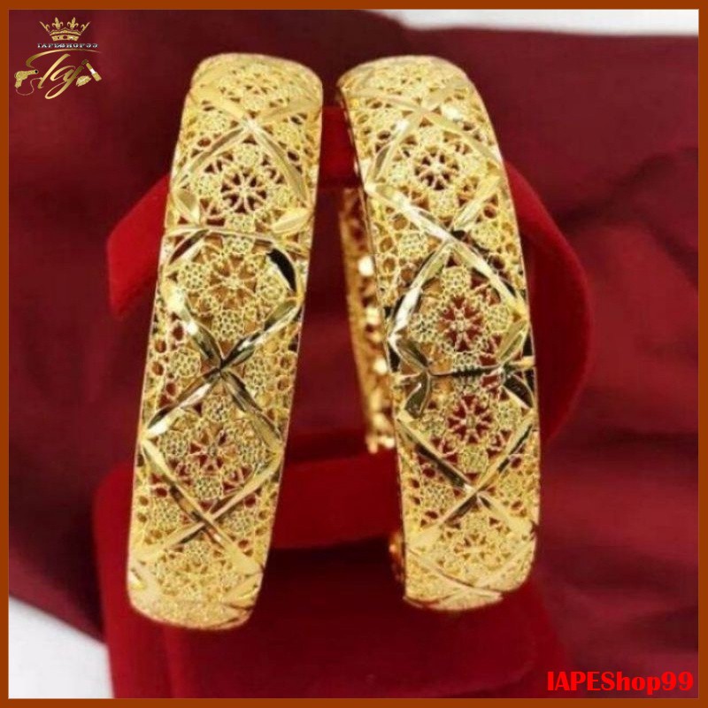 Gelang Bangkok Keroncong Besar Ukir Titanium Gold Anti Karat Perhiasan Perempuan Wanita Dewasa Mewah