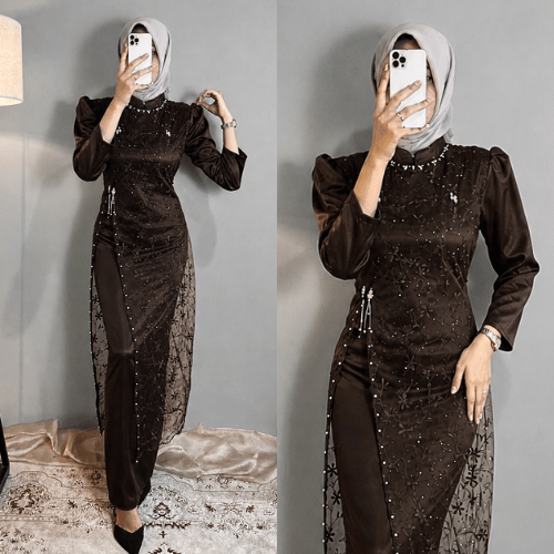 Floreta Dress - Gamis Kondangan Dewasa Remaja Press Body Special Burgundy Mahogany Satin Brukat | Ga