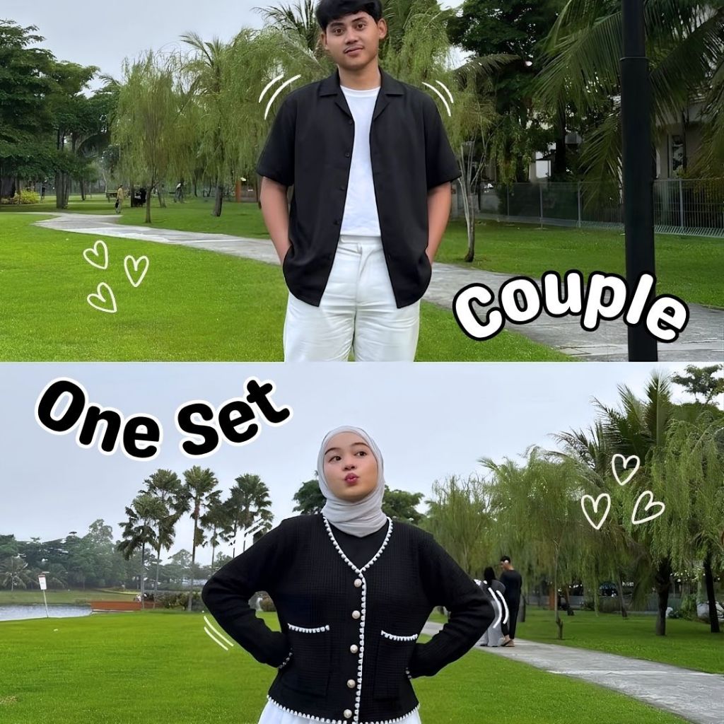 Oneset Couple Pasangan Pria Wanita (Cardigan Kardigan Outer + Rok Susun + Hijab Segi Empat Bella + K