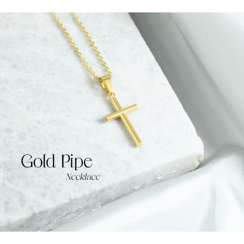 Kalung Salib Gold Pipe (Cross Necklace Stainless Steel) (anti karat) (free pouch)