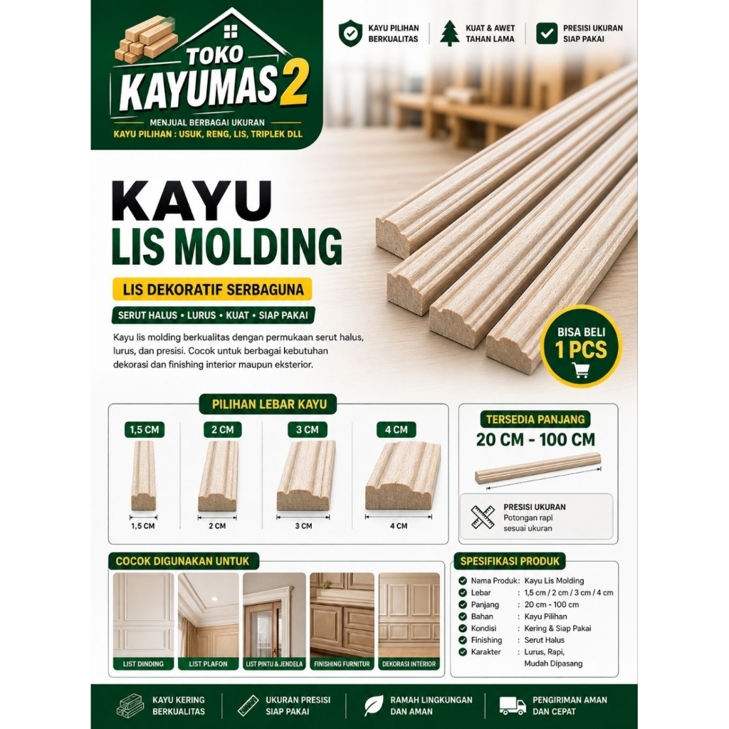 (Lebar 3cm)  Kayu Lis Molding Gypsum  | Panjang 20–150cm | Untuk Hiasan Dinding, Plafon & Furniture