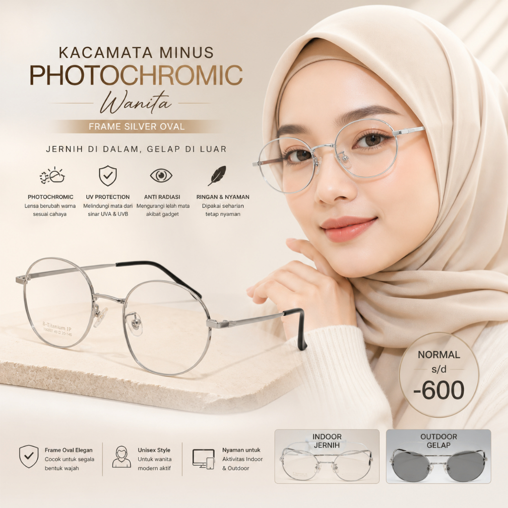 Kacamata Minus Photochromic Wanita Oval Korea Anti Radiasi Frame Silver -600