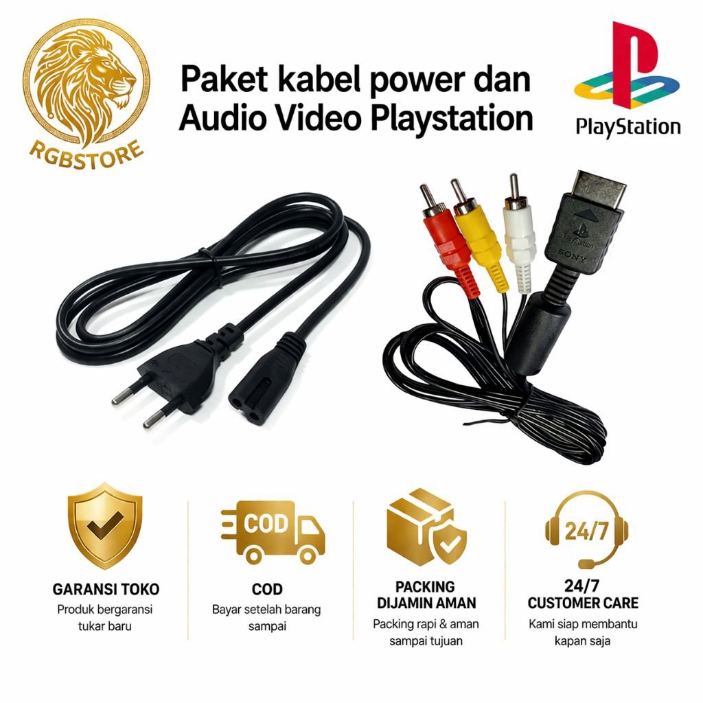 Paket Kabel Power + Kabel AV TV PS1 PS2 PS3 Fat Slim Super Slim ORI