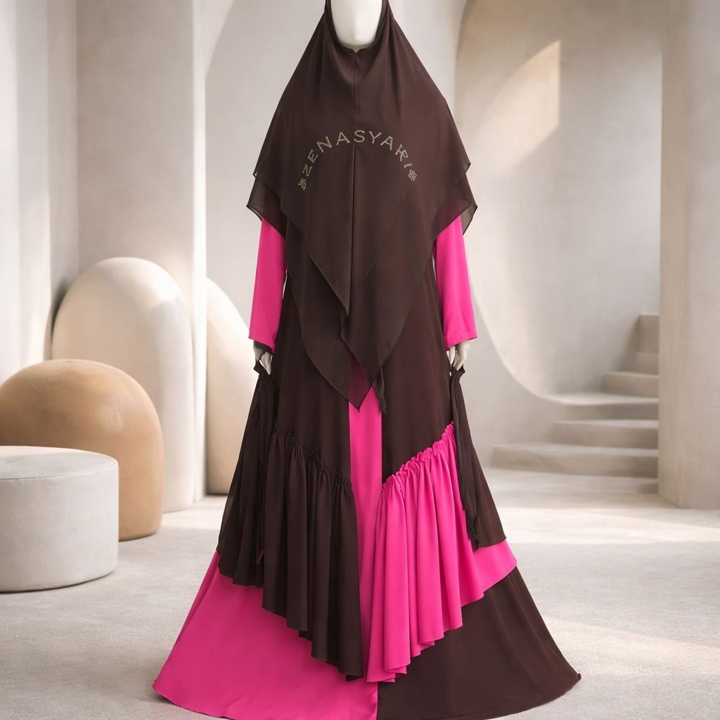 Set Gamis Zena Syari Hitam Fanta Fuschia Ceruty Babydoll Armany Premium Khimar Double Layer
