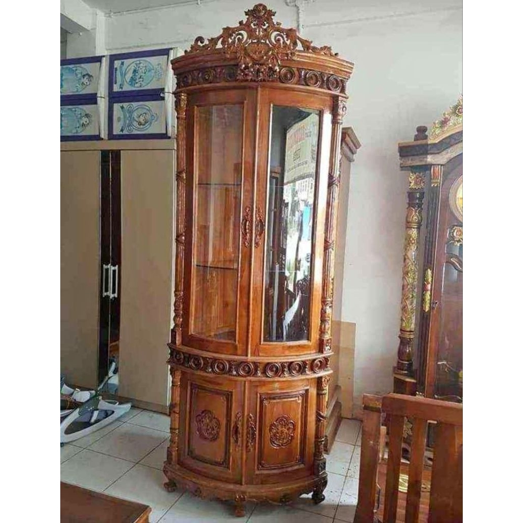 Lemari Hias Ukir Jati Jepara Mewah  Lemari Kaca Pajangan Klasik