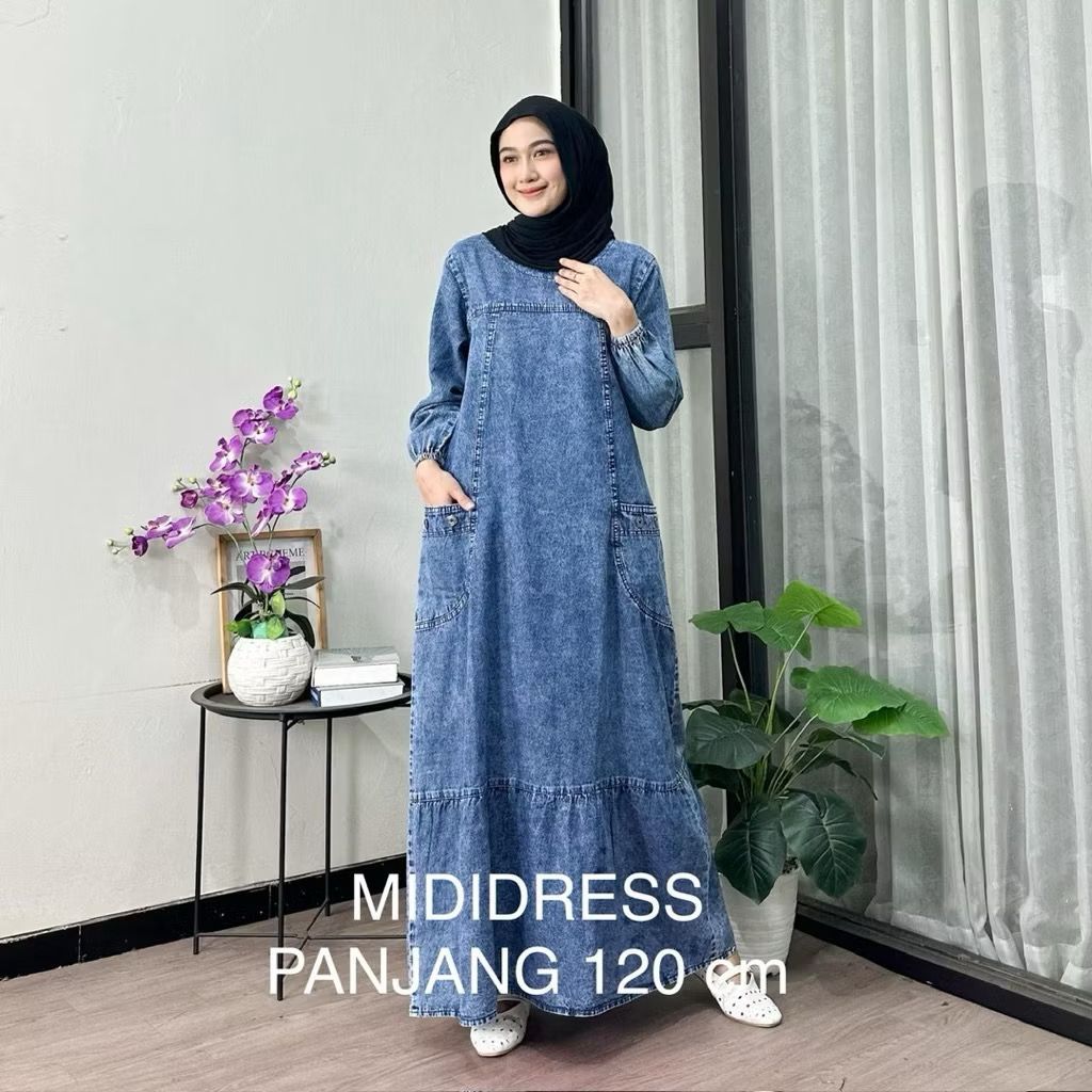 Midi Dres Jeans Susun Non Busui Panjang 120 cm