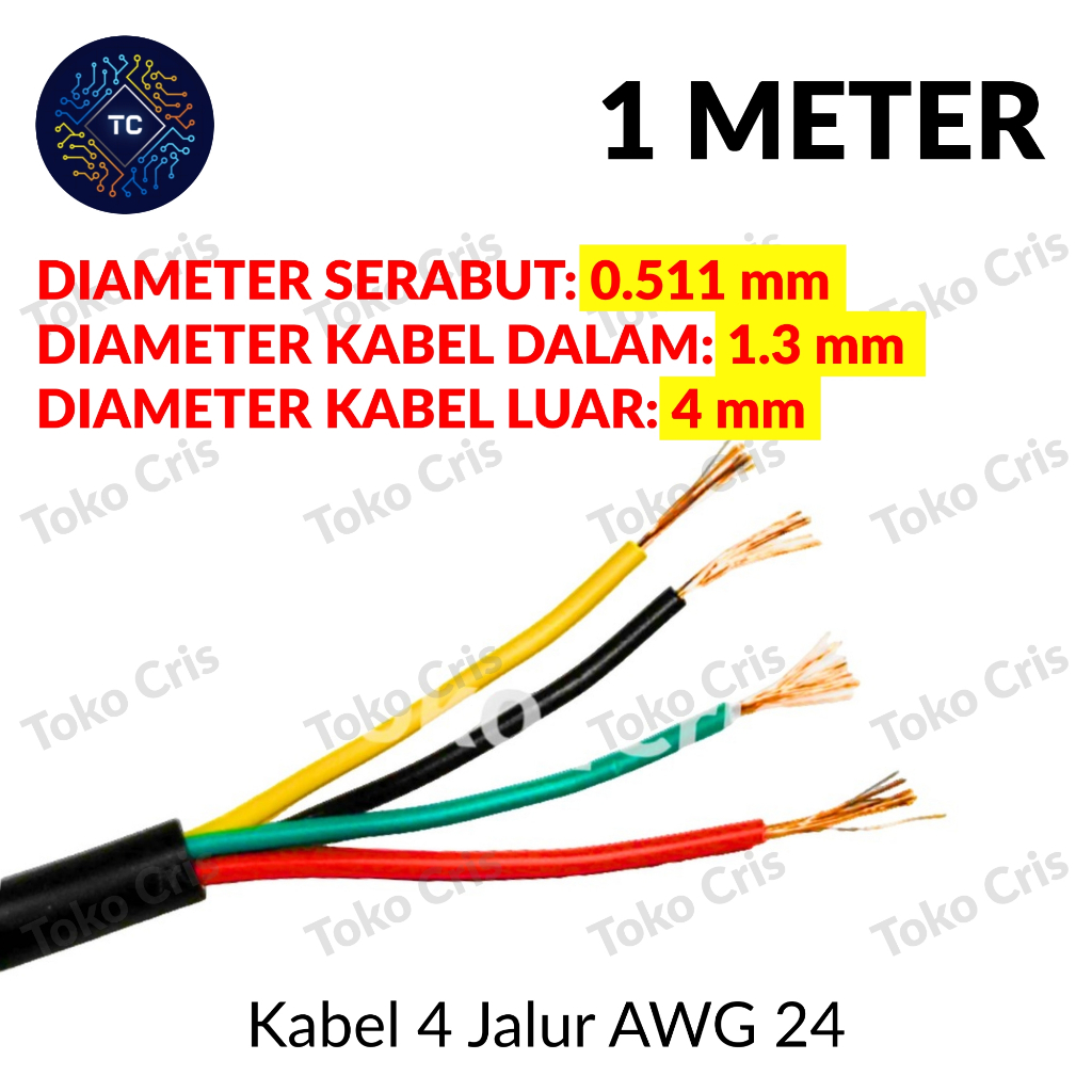 Kabel 4 Jalur AWG 24 + Selongsong / Kabel 4C / Kabel Bulat 4 Warna