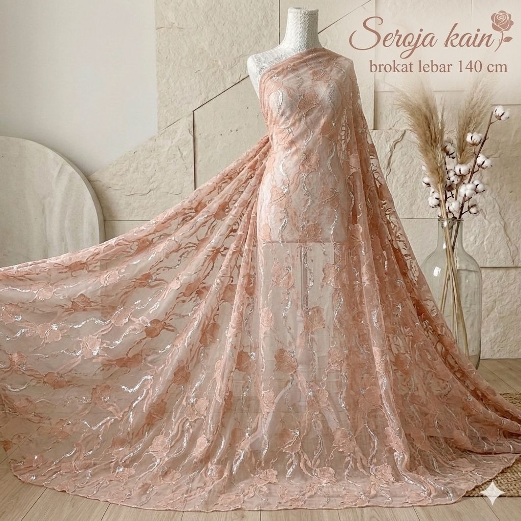 Kain Brokat Tile Motif Bunga Gliter - Warna Peach/Dusty Pink Meteran Lbt