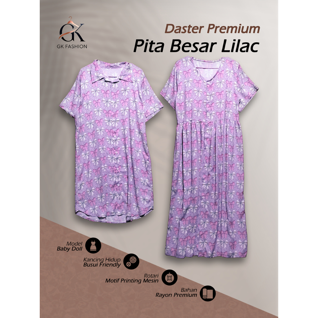 Daster Lucu Wanita Premium Rayon Viscose Motif Pita Besar Lilac Pastel | Baby Doll Rotari & Kancing 