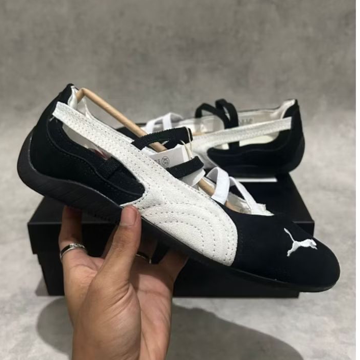 sepatu wanita kekinian puma balet hitam list putih