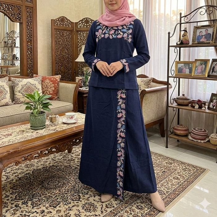 One Set Linen Bordir Navy By Napocut