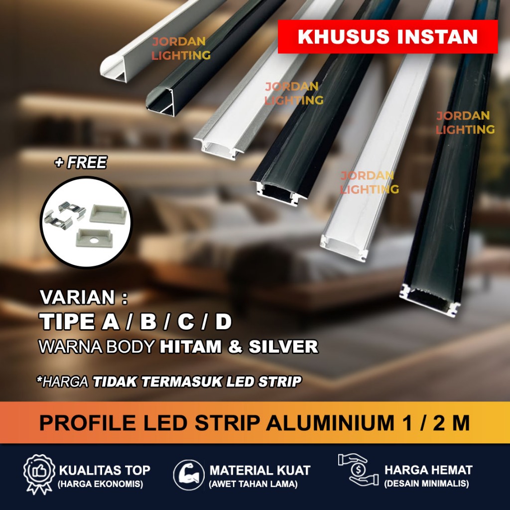 Profil Aluminium LED Strip 1M 2M Cover Diffuser Housing Lampu Minimalis