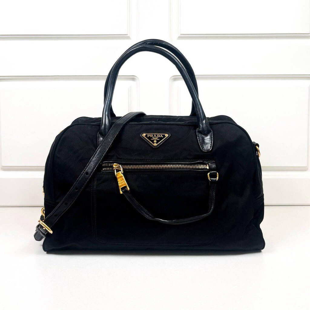 (PRELOVED) Prada Nylon Leather Black Trimmed Two Way Handbag
