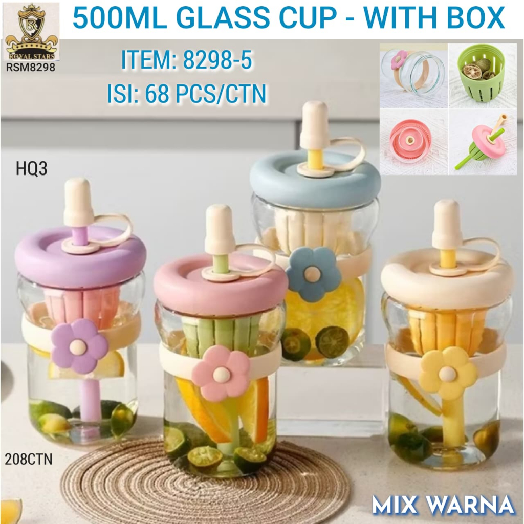Botol Minum Souvenir Kaca motif Bunga ada saringan bunga sedotan