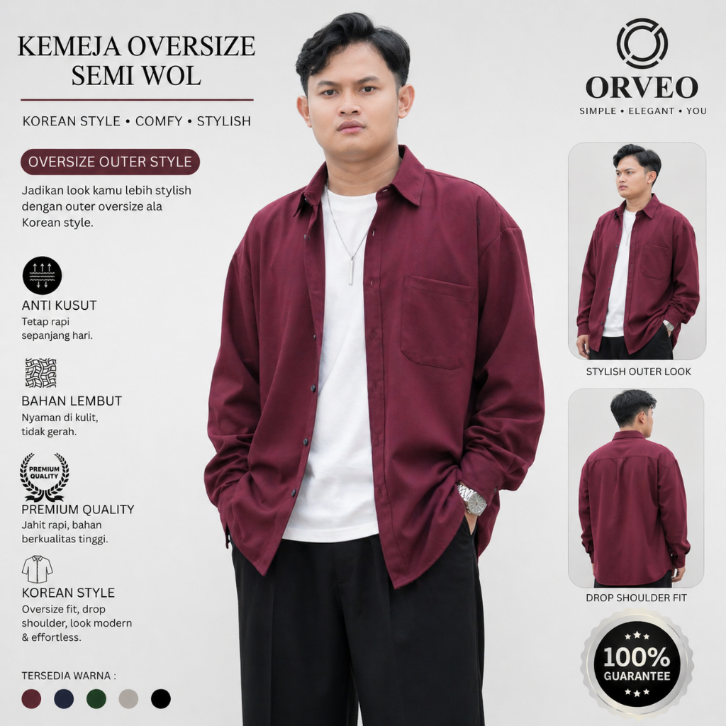 Kemeja Oversized Semi Wool Lengan Panjang Polos