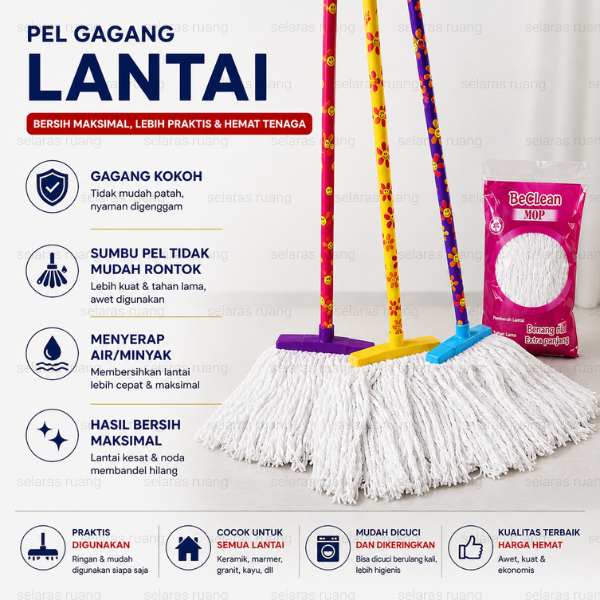 BECLEAN Alat Pel Lantai Peras Microfiber Praktis Gagang Kokoh All Type / Pel Sumbu Gagang Besi Mop L