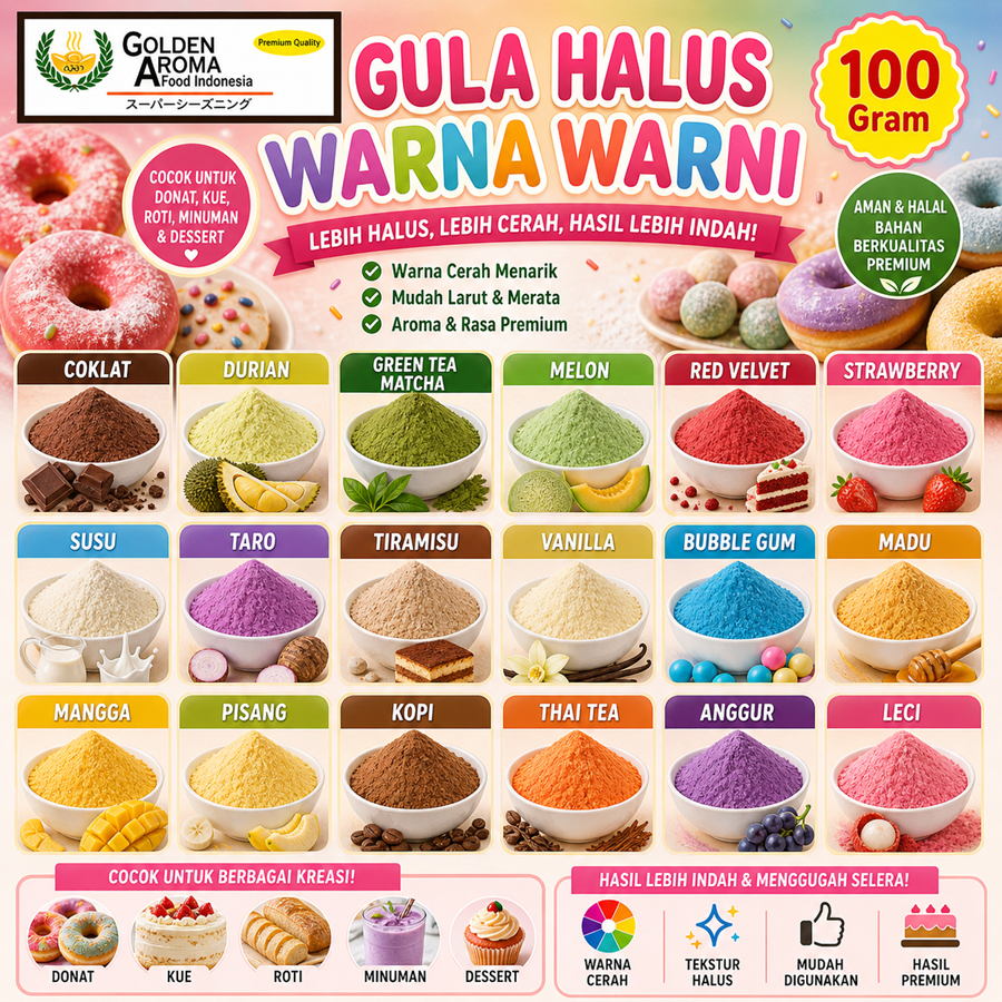 Gula Halus Warna Warni 100Gram Sugar Dusting Icing Putri Tepung Gula Halus Donat Dingin Murah Promo 