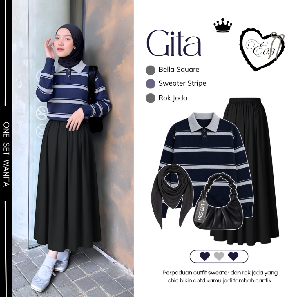 Setelan Wanita Hijab Aestthetic ( Jilbab, Sweater Garis, Rok Hitam ) Ootd Rok Hijab Kekinian - M61