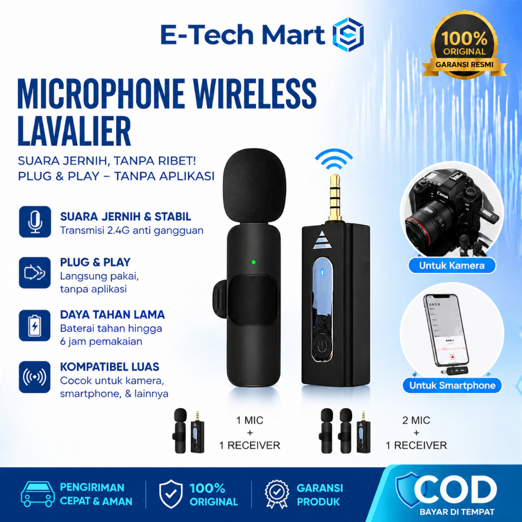 E-Techs K35 Pro+3.5mm Adaptor Jack Clip On MiK Imam Masjid Mic Wireless Tanpa Kabel Vlogging Singing