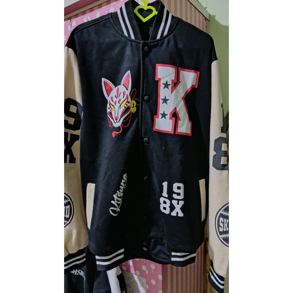 (preloved) Varsity Jaket Baseball Kitsune Hitam Unisex Pria Wanita
