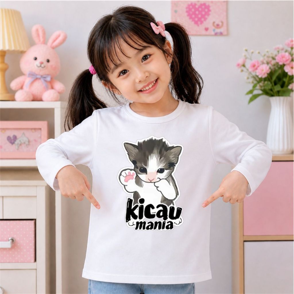 kaos kicau mania anak perempuan lengan panjang kucing viral / baju atasan anak cewe kicau mania usia