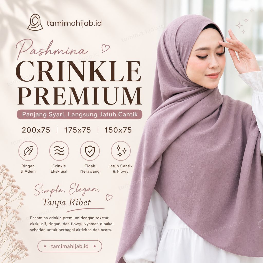 Pashmina Crinkle Premium Panjang Syar’i 150 175 200 – Hijab Panjang Adem, Tidak Nerawang, Mudah Dibe