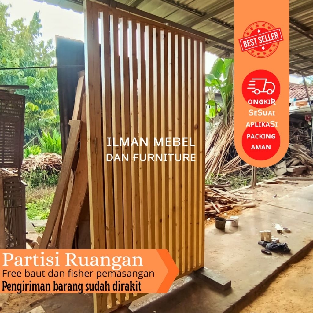 partisi sekat ruangan minimalis lurus kayu solid
